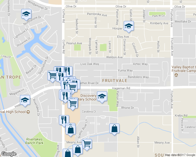 map of restaurants, bars, coffee shops, grocery stores, and more near 7505 Huntington Court in Bakersfield