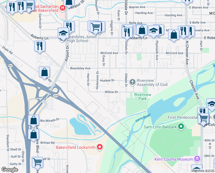 map of restaurants, bars, coffee shops, grocery stores, and more near 607 Huskey Drive in Bakersfield