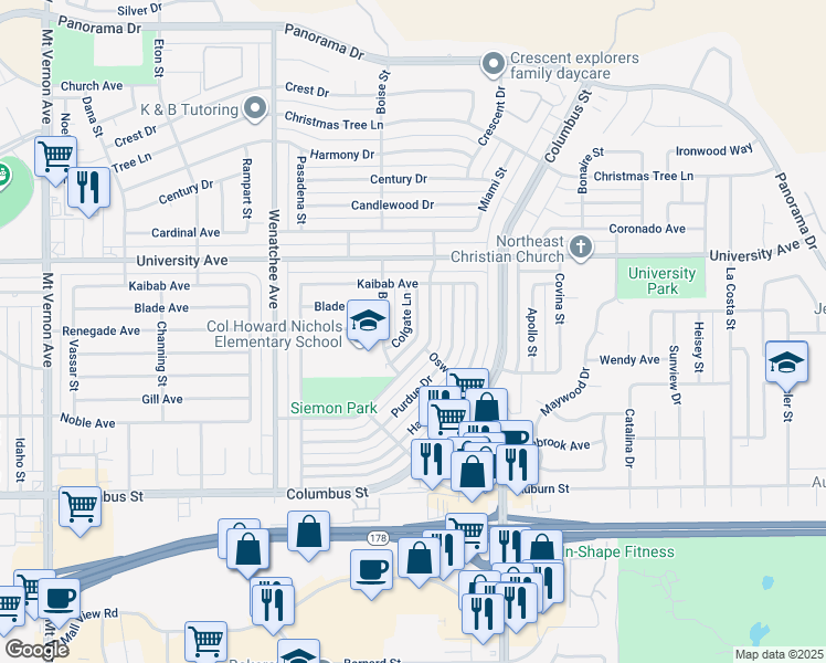 map of restaurants, bars, coffee shops, grocery stores, and more near 3221 Colgate Lane in Bakersfield