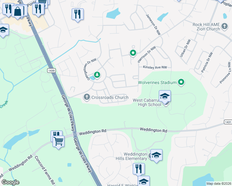 map of restaurants, bars, coffee shops, grocery stores, and more near 2550 Old Ashworth Lane Northwest in Concord