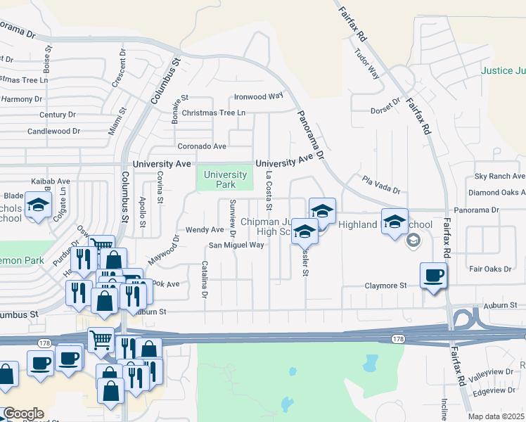 map of restaurants, bars, coffee shops, grocery stores, and more near 3208 La Costa Street in Bakersfield