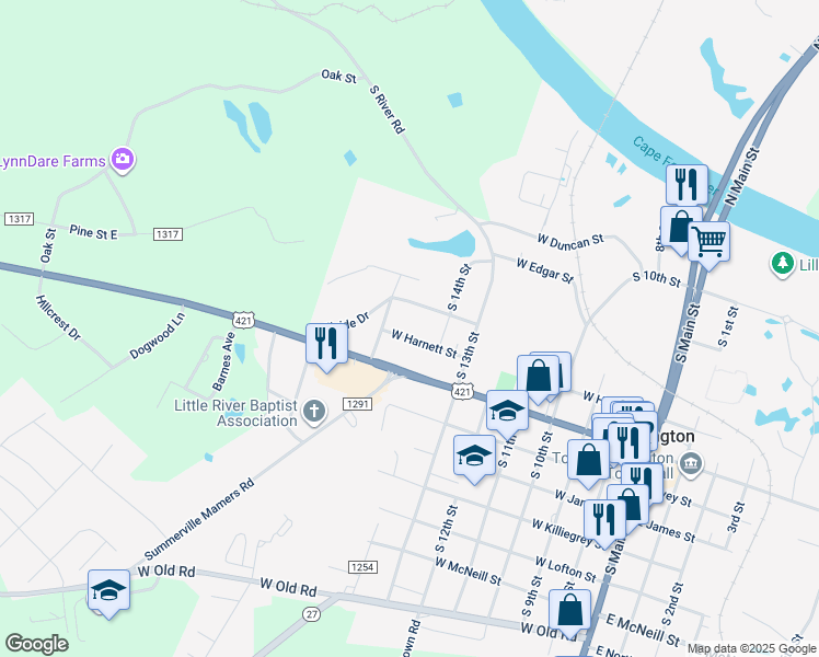 map of restaurants, bars, coffee shops, grocery stores, and more near 802 West Harnett Street in Lillington