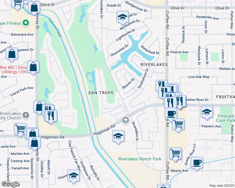 map of restaurants, bars, coffee shops, grocery stores, and more near 4608 Scalloway Court in Bakersfield