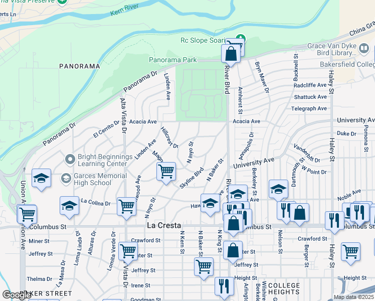 map of restaurants, bars, coffee shops, grocery stores, and more near 3032 North Inyo Street in Bakersfield