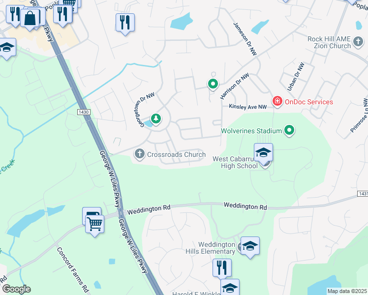 map of restaurants, bars, coffee shops, grocery stores, and more near 2732 Sunberry Lane Northwest in Concord