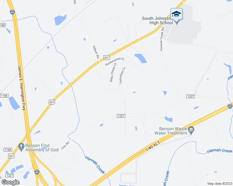 map of restaurants, bars, coffee shops, grocery stores, and more near 102 Belle Meade Court in Benson