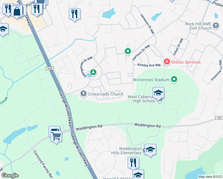 map of restaurants, bars, coffee shops, grocery stores, and more near 2728 Sunberry Lane Northwest in Concord