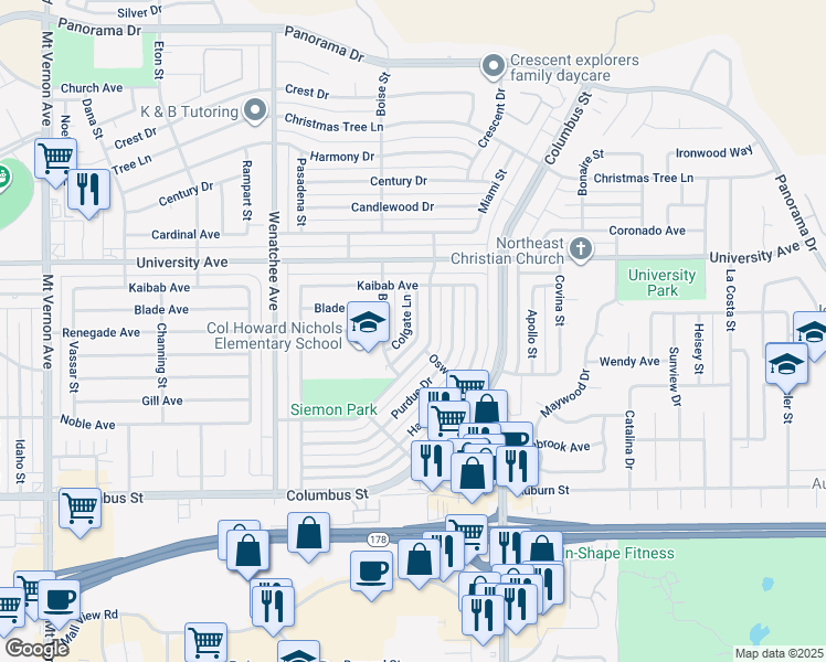 map of restaurants, bars, coffee shops, grocery stores, and more near 3221 Colgate Lane in Bakersfield