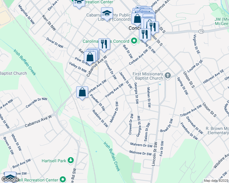 map of restaurants, bars, coffee shops, grocery stores, and more near 221 Young Avenue Southwest in Concord