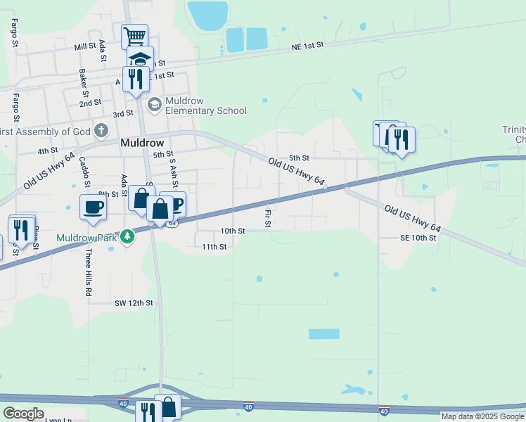 map of restaurants, bars, coffee shops, grocery stores, and more near 514 East Shawntel Smith Boulevard in Muldrow