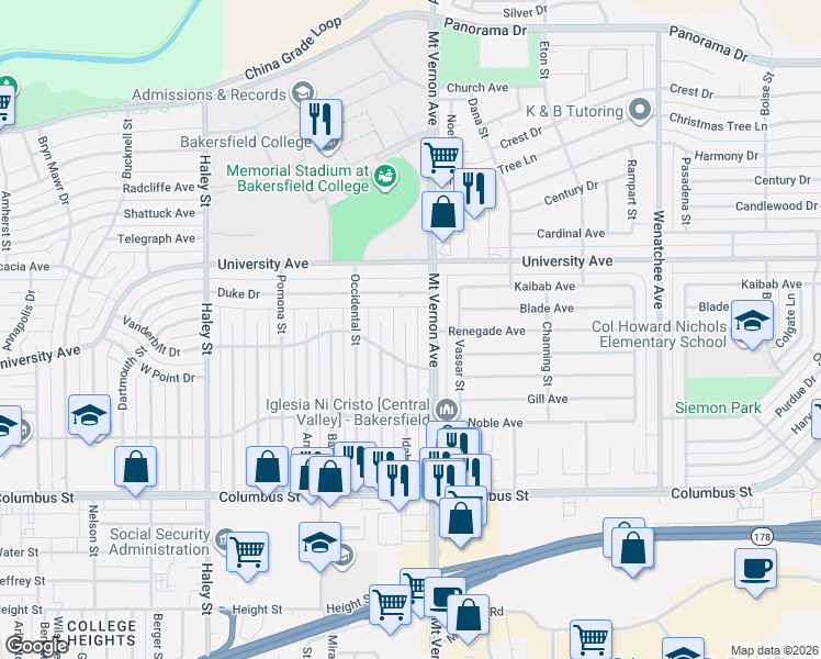 map of restaurants, bars, coffee shops, grocery stores, and more near 3300 Mount Vernon Avenue in Bakersfield