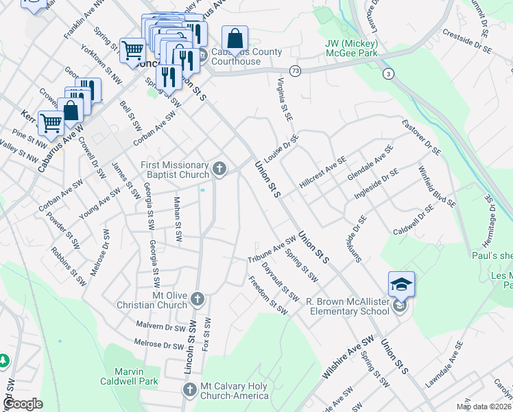 map of restaurants, bars, coffee shops, grocery stores, and more near 268 Spring Street Southwest in Concord