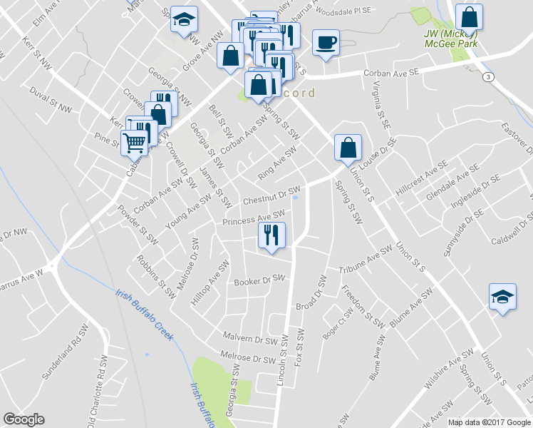 map of restaurants, bars, coffee shops, grocery stores, and more near 118 Princess Avenue Southwest in Concord