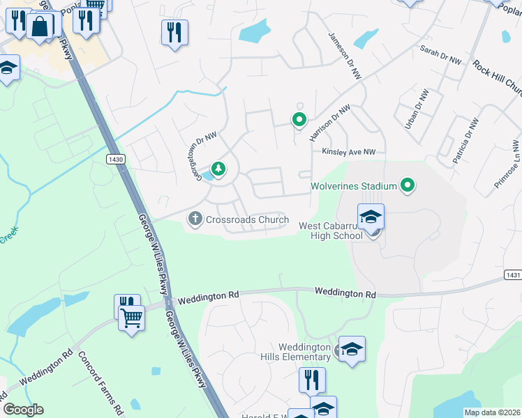 map of restaurants, bars, coffee shops, grocery stores, and more near 2550 Old Ashworth Lane Northwest in Concord