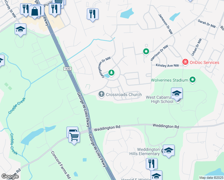 map of restaurants, bars, coffee shops, grocery stores, and more near 574 Lansfaire Avenue Northwest in Concord