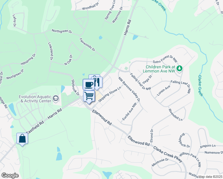 map of restaurants, bars, coffee shops, grocery stores, and more near 716 Volta Drive Northwest in Concord