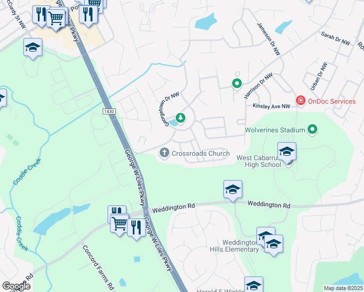 map of restaurants, bars, coffee shops, grocery stores, and more near 574 Lansfaire Avenue Northwest in Concord