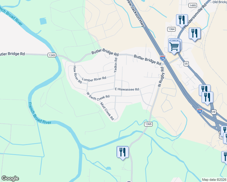 map of restaurants, bars, coffee shops, grocery stores, and more near 22 East Hiawassee Road in Fletcher