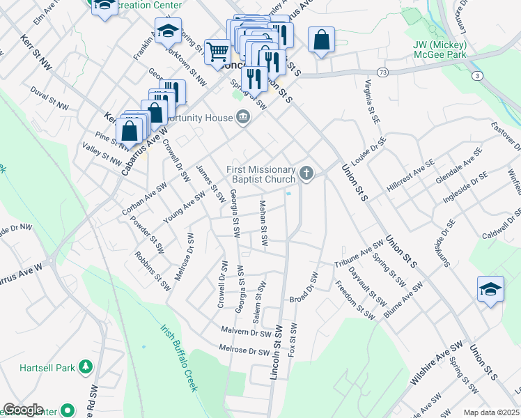 map of restaurants, bars, coffee shops, grocery stores, and more near 118 Princess Avenue Southwest in Concord