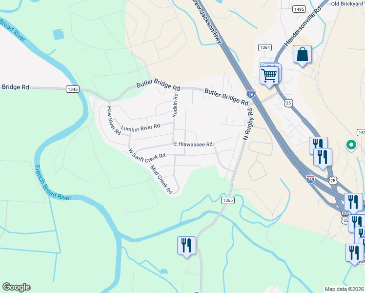 map of restaurants, bars, coffee shops, grocery stores, and more near 48 East Hiawassee Road in Fletcher