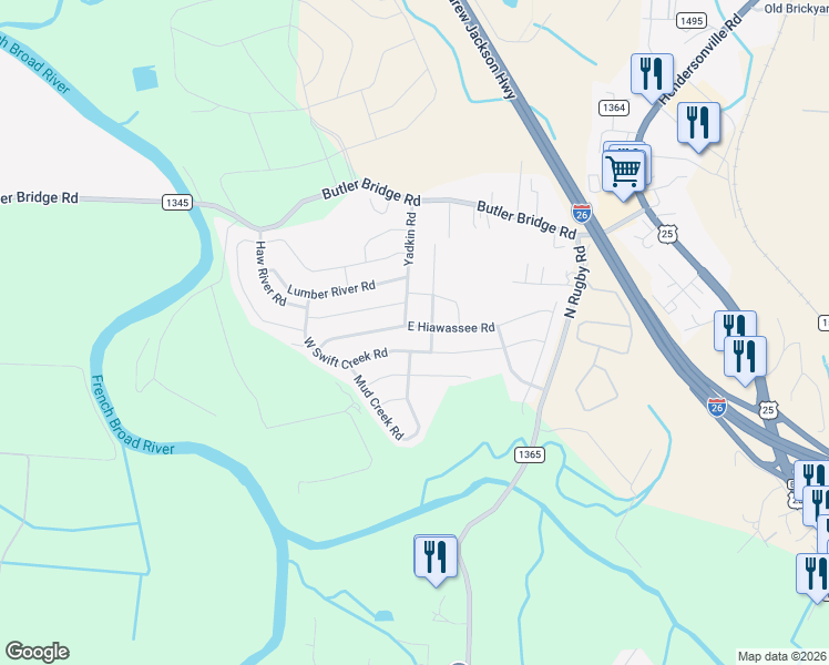 map of restaurants, bars, coffee shops, grocery stores, and more near 22 East Hiawassee Road in Fletcher