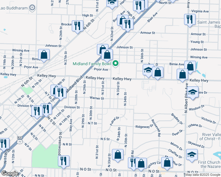 map of restaurants, bars, coffee shops, grocery stores, and more near 3198 Carnes Avenue in Fort Smith