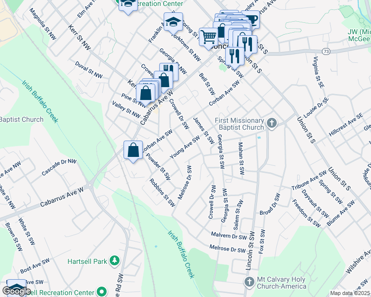map of restaurants, bars, coffee shops, grocery stores, and more near 221 Young Avenue Southwest in Concord
