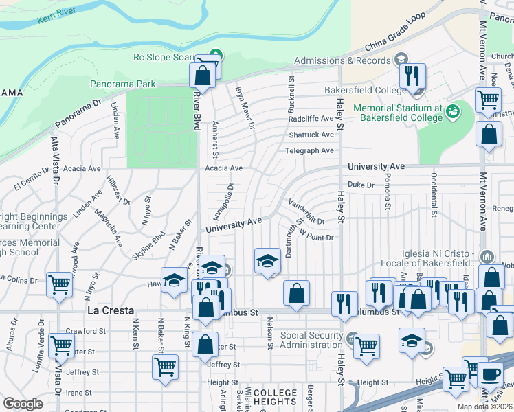 map of restaurants, bars, coffee shops, grocery stores, and more near 3213 Bucknell Street in Bakersfield