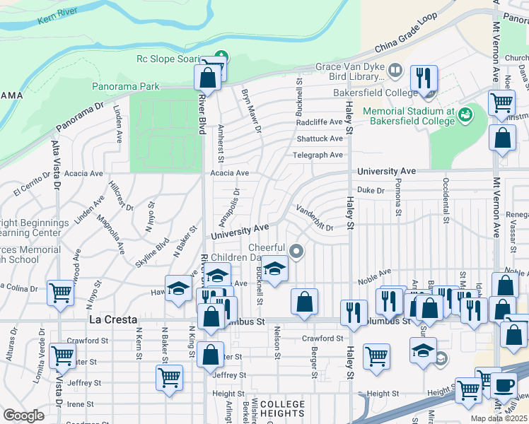 map of restaurants, bars, coffee shops, grocery stores, and more near 3213 Bucknell Street in Bakersfield