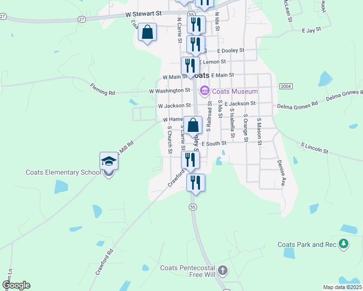 map of restaurants, bars, coffee shops, grocery stores, and more near 342 South Carrie Street in Coats