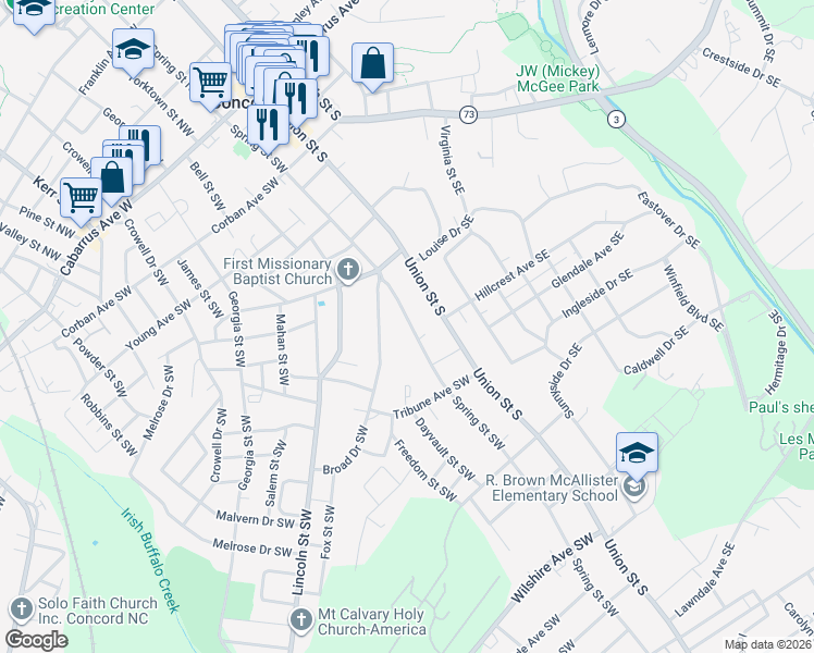 map of restaurants, bars, coffee shops, grocery stores, and more near 268 Spring Street Southwest in Concord