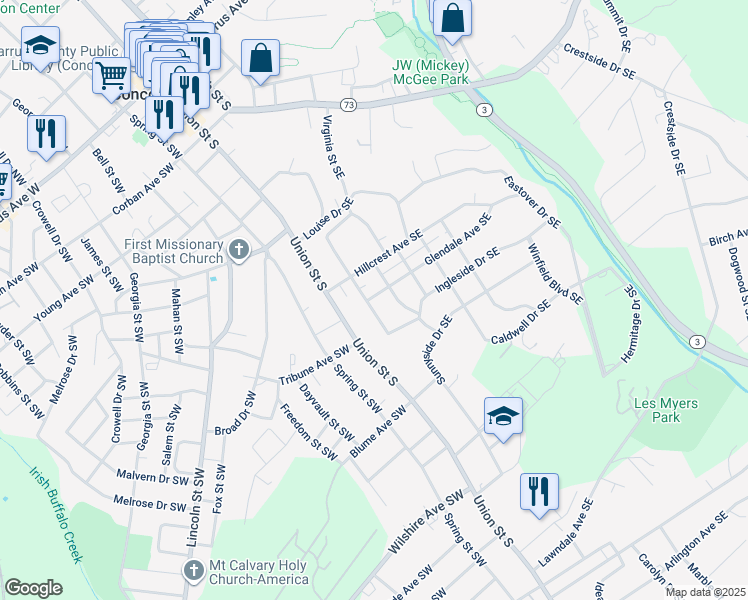 map of restaurants, bars, coffee shops, grocery stores, and more near 325 Sunset Drive Southeast in Concord