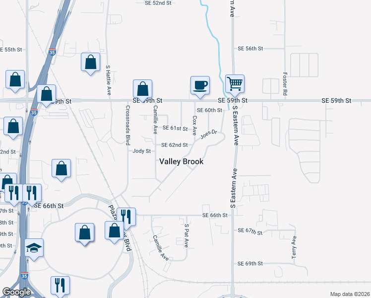 map of restaurants, bars, coffee shops, grocery stores, and more near 1708 Southeast 62nd Street in Oklahoma City