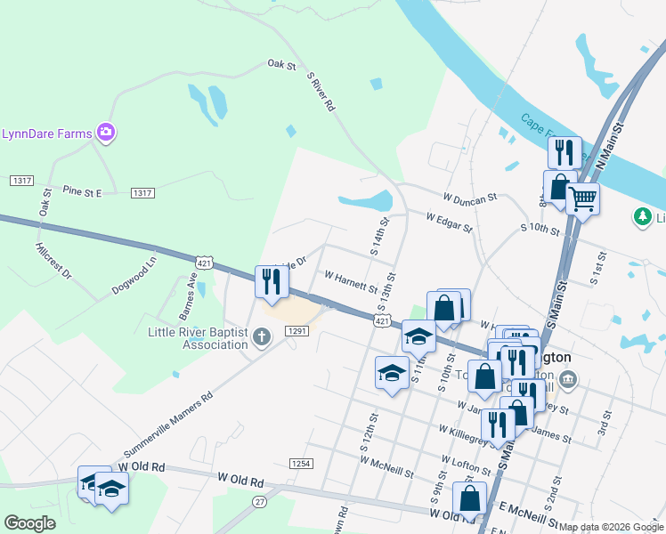 map of restaurants, bars, coffee shops, grocery stores, and more near 802 West Harnett Street in Lillington
