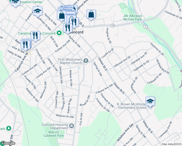 map of restaurants, bars, coffee shops, grocery stores, and more near 246 Broad Drive Southwest in Concord