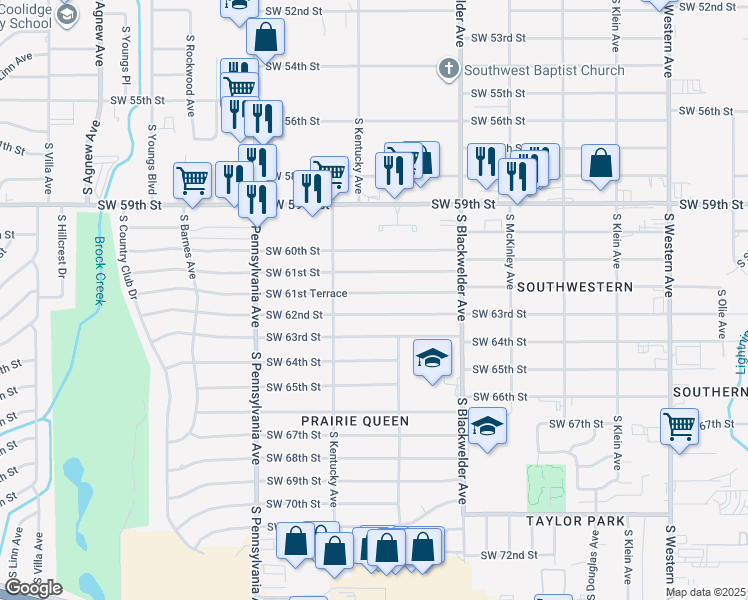 map of restaurants, bars, coffee shops, grocery stores, and more near 1432 Southwest 61st Terrace in Oklahoma City
