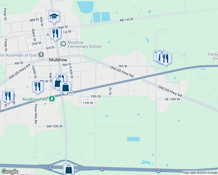 map of restaurants, bars, coffee shops, grocery stores, and more near 514 East Shawntel Smith Boulevard in Muldrow