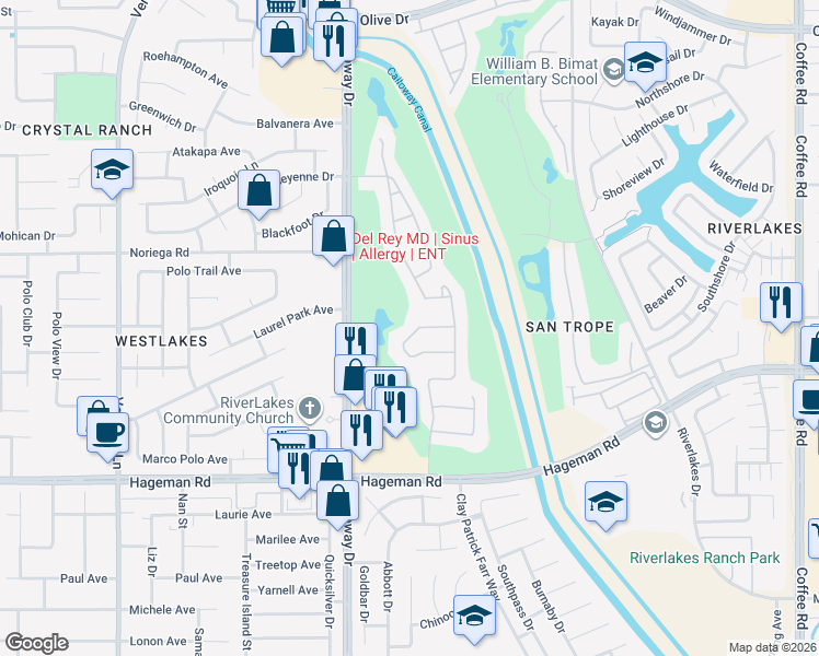 map of restaurants, bars, coffee shops, grocery stores, and more near 4717 Cresta Verde Place in Bakersfield