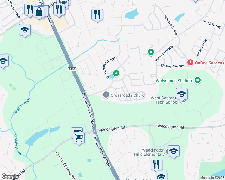 map of restaurants, bars, coffee shops, grocery stores, and more near 574 Lansfaire Avenue Northwest in Concord