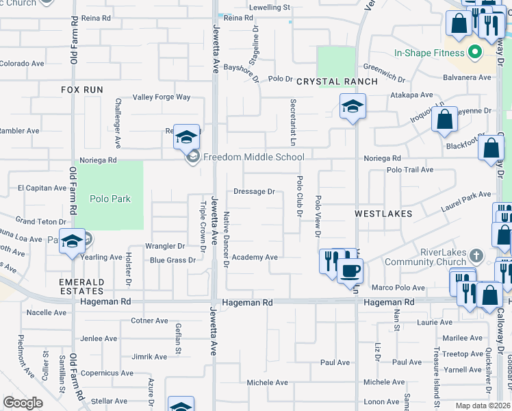 map of restaurants, bars, coffee shops, grocery stores, and more near 11000 Quadrille Court in Bakersfield