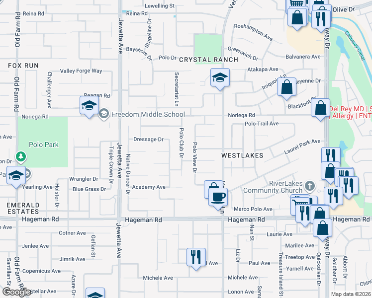 map of restaurants, bars, coffee shops, grocery stores, and more near 4717 Polo Club Drive in Bakersfield