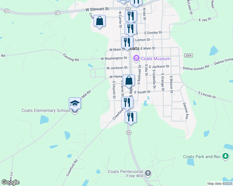 map of restaurants, bars, coffee shops, grocery stores, and more near 342 South Carrie Street in Coats