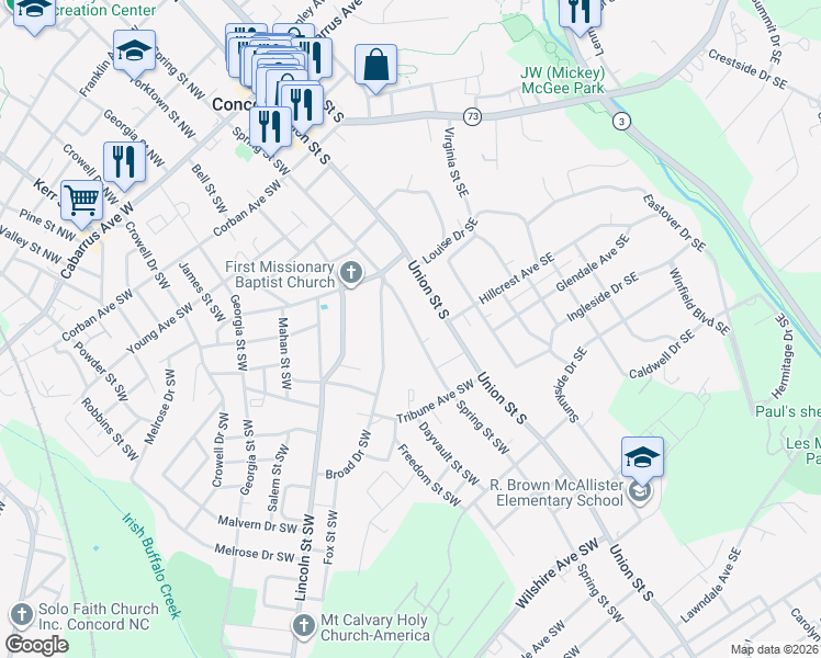 map of restaurants, bars, coffee shops, grocery stores, and more near 268 Spring Street Southwest in Concord