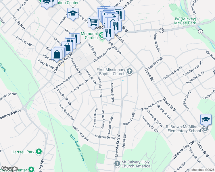 map of restaurants, bars, coffee shops, grocery stores, and more near 155 Chestnut Drive Southwest in Concord
