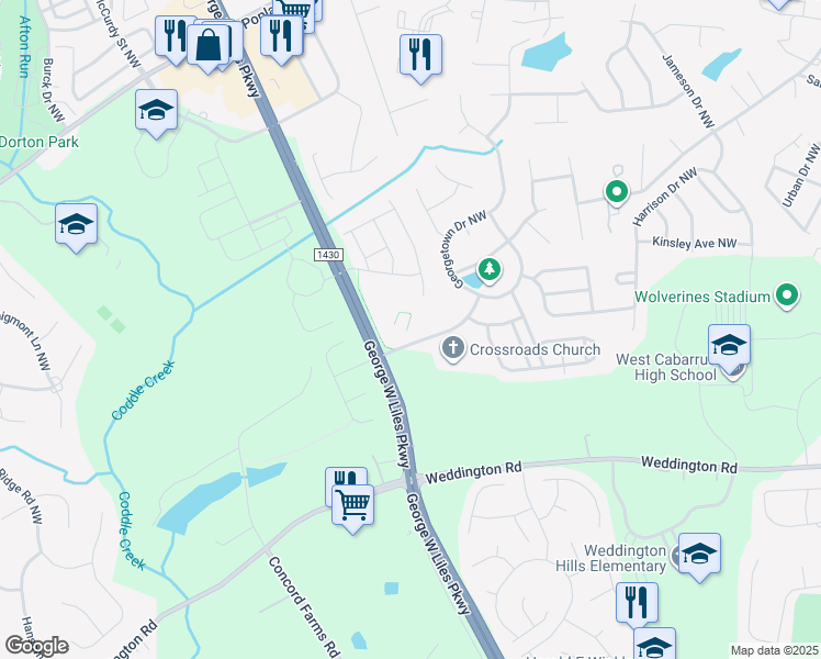 map of restaurants, bars, coffee shops, grocery stores, and more near 350 Joshua Place Northwest in Concord