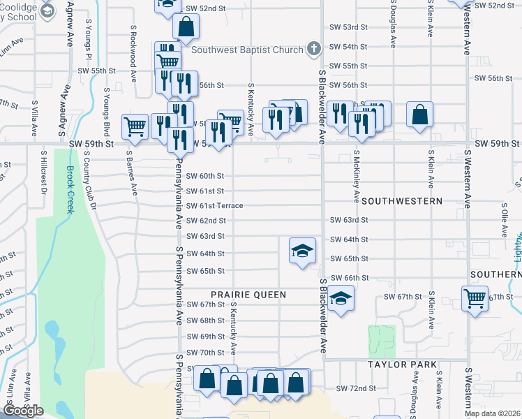 map of restaurants, bars, coffee shops, grocery stores, and more near 1432 Southwest 61st Terrace in Oklahoma City