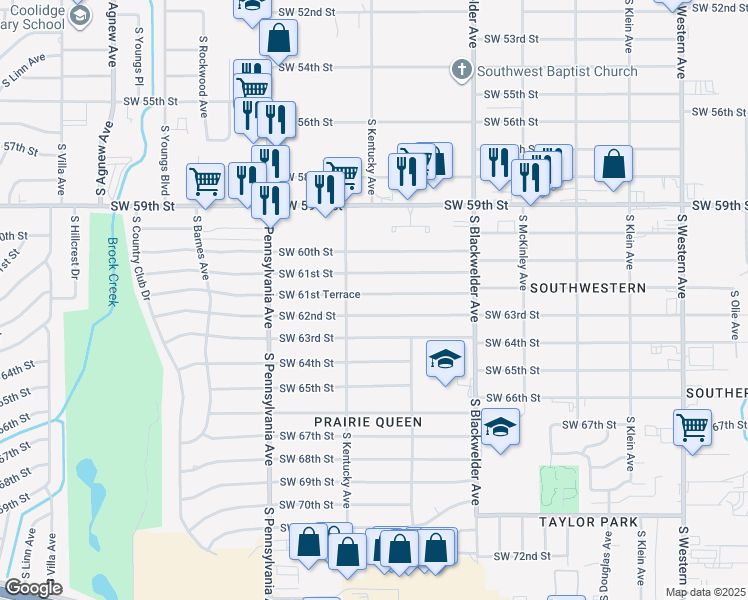 map of restaurants, bars, coffee shops, grocery stores, and more near 1432 Southwest 61st Terrace in Oklahoma City