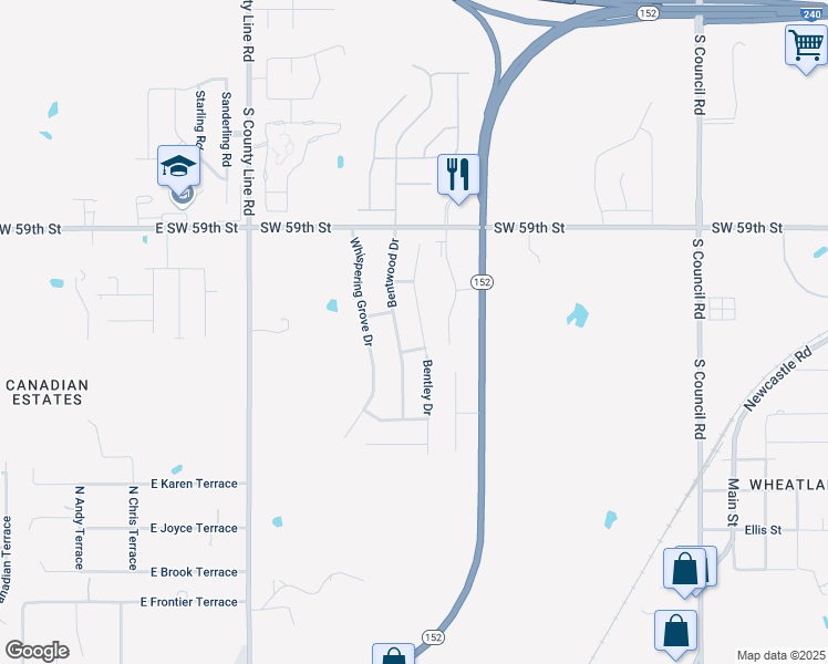 map of restaurants, bars, coffee shops, grocery stores, and more near 6409 Bentley Drive in Oklahoma City