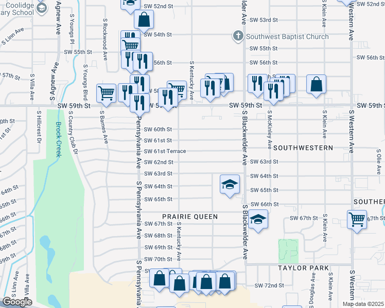 map of restaurants, bars, coffee shops, grocery stores, and more near 1432 Southwest 61st Terrace in Oklahoma City