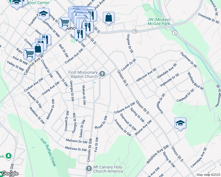 map of restaurants, bars, coffee shops, grocery stores, and more near 246 Broad Drive Southwest in Concord